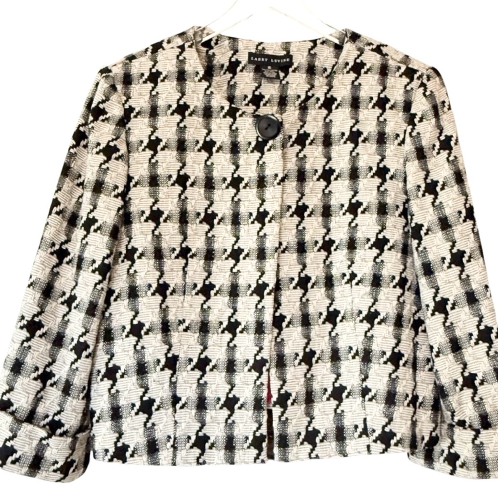 Larry Levine Womens Houndstooth Collarless Tweed Blazer Jacket Size 16 - Picture 3 of 12